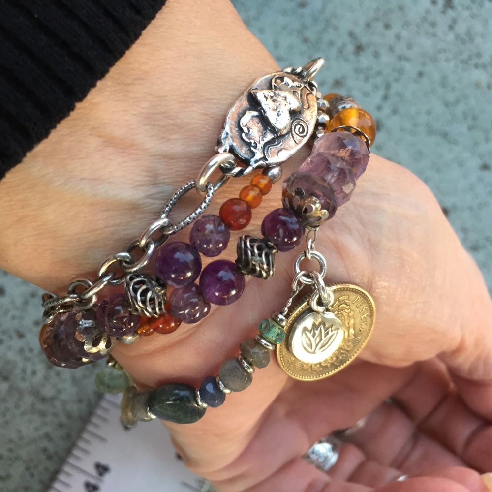 Sterling Amethyst amber gemstone wrap bracelet